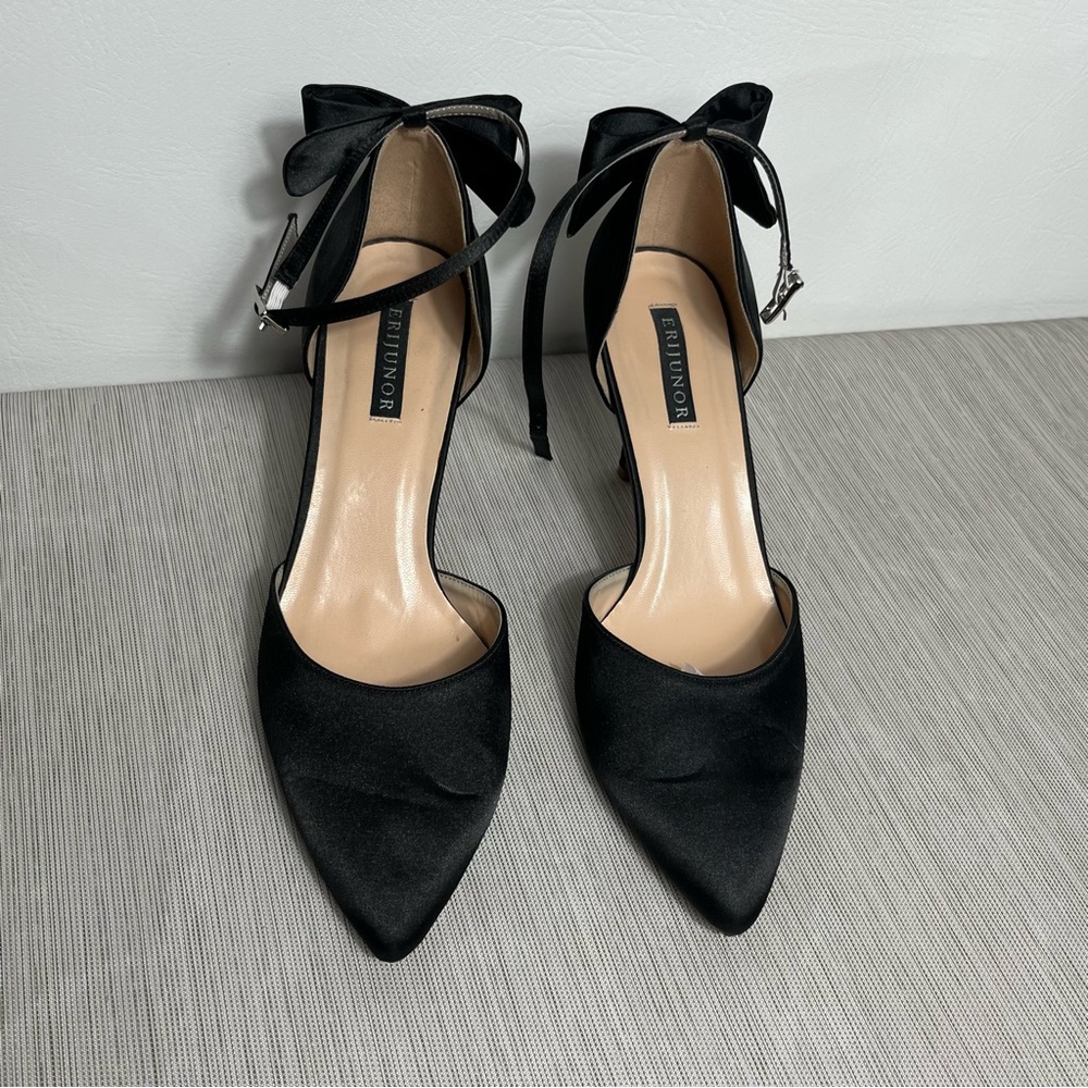 Black Satin Heels with Bow Detail